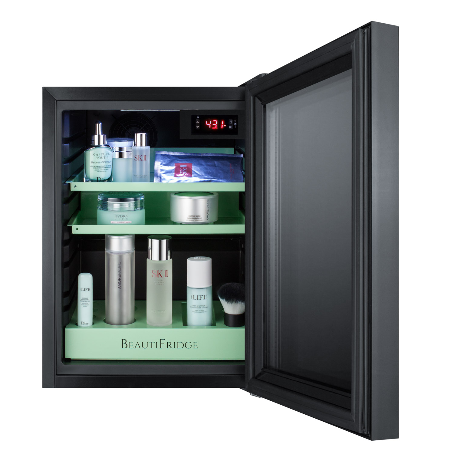 BeautiFridge compact cosmetics cooler with mirror-tinted glass door, black cabinet, lock, glossy mint shelves, and digital controls set for the storage of beauty products